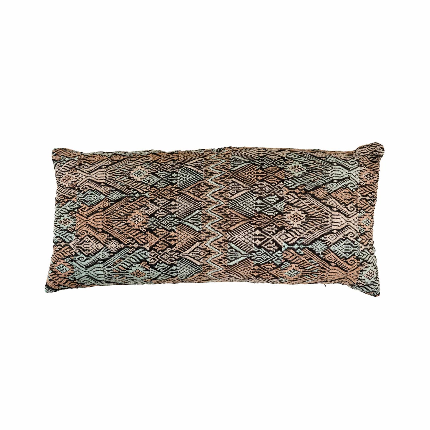 Black/brown/turquoise woven cushion from Xela in Guatemala