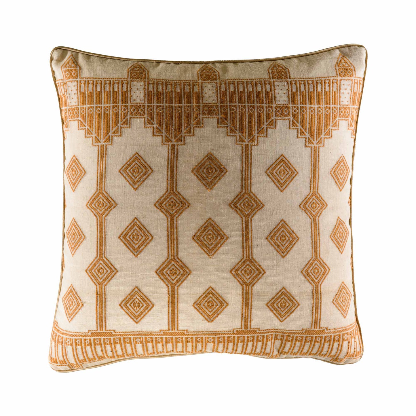 Tan & natural cotton embroidered cushion